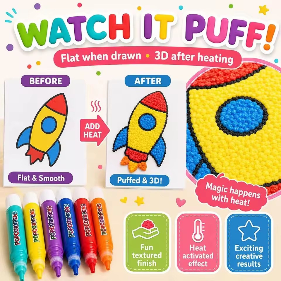 Art Craft Notebook - Puffy Popcorn Pen Set, Smooth Easy‑to‑Color